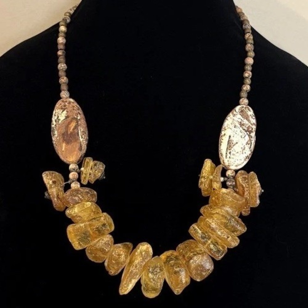 Huge Raw Chunky Baltic Amber Nugget Stone Necklace Sterling Silver Hook Clasp
